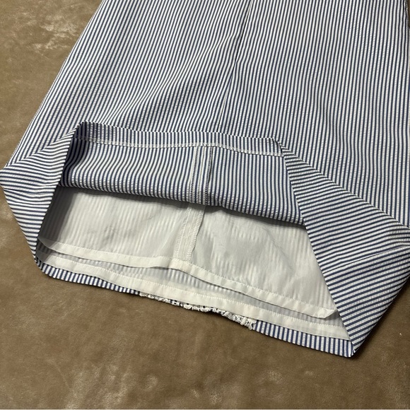 London Times Seersucker Racerback Sundress Blue White Stripes Crochet Size 10 - Picture 8 of 12